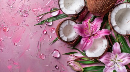 Fresh Coconut Halves and Pink Lilies on Wet Surface