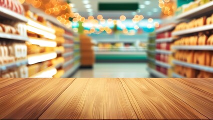 Fototapeta premium Empty wood table top with supermarket blurred background for product display 
