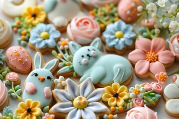 Assorted Hand-Decorated Easter Cookies on White Background