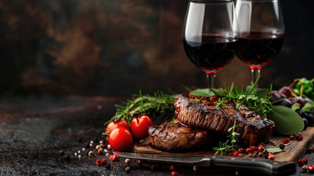 Traditional steak barbecue with herbs and glass of wine on dark background in long banner format