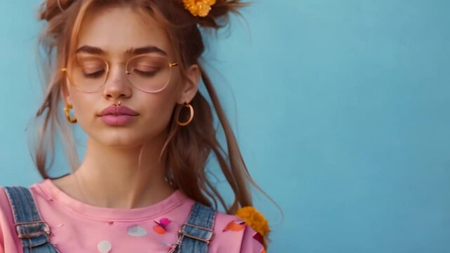 Teen girl in overalls with scrunchie Walkman and cassette tape 90s style. Concept 90s Fashion, Retro Style, Teen Girl, Overalls, Cassette Tape