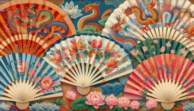 Leques Tradicionais Chineses formando um plano de fundo.