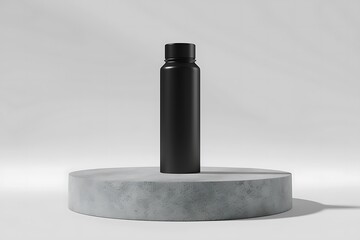 Minimalist black water bottle on a concrete podium