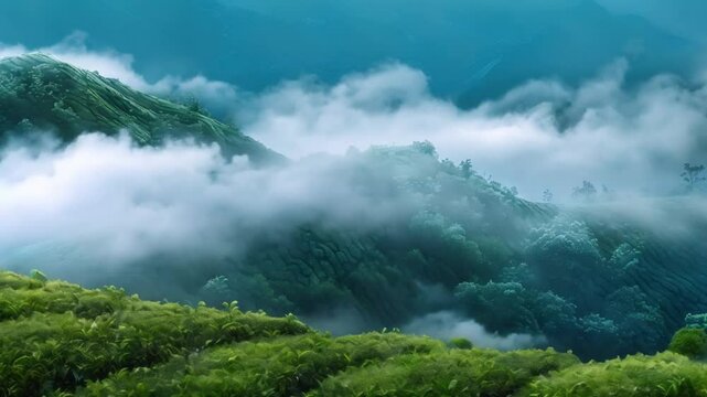 Panoramic view of a vibrant tea plantation on a mountaintop. Concept Mountain Landscape, Tea Plantation, Panoramic View, Vibrant Colors, Nature Photography