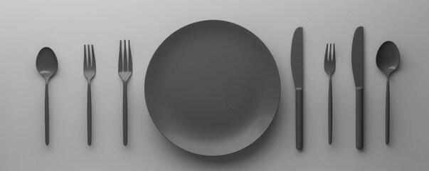 Monochrome dinner set with plate and cutlery on the table in the restaurant, panorama. Generative AI.