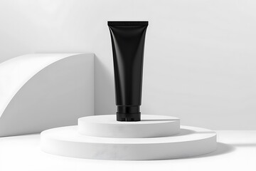 Minimalist black tube on podium against white background
