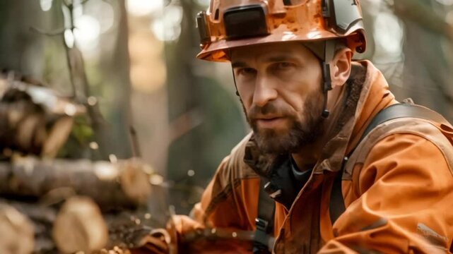 Serious Caucasian lumberjack in protective gear chopping wood in forest. Concept Lumberjack, Forest, Wood-chopping, Outdoor, Protective gear