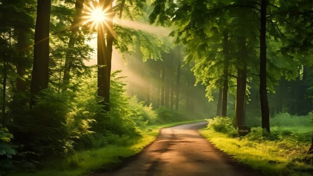 Minimalist forest path at dawn after storm captured in 8k resolution. Concept Nature Photography, Landscape, Forest Path, Dawn, Storm, 8k Resolution