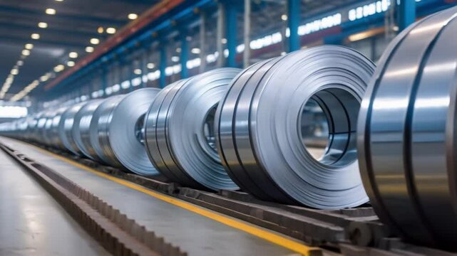 Galvanized steel coils in warehouse industrial setting. Concept Industrial Storage, Warehouse Operations, Galvanized Steel, Metal Coils, Manufacturing Sector