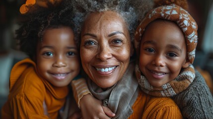 A touching portrait of a loving African American grandmother smiling happily with her two grandchildren in warm sweaters and hats. This shot perfectly reflects the concept of the intergenerational bon