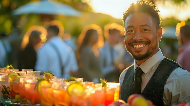 A cheerful bartender smiling at an outdoor event, surrounded by colorful cocktails. Ideal for hospitality, event planning, and social gathering themes.