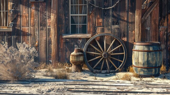 Scene with vintage western theme featuring wagon wheel and timber planks