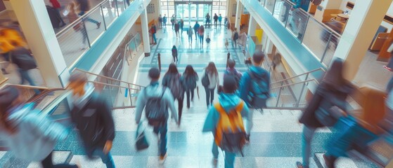 blurred illustration of high school students walking between classes in a busy school building