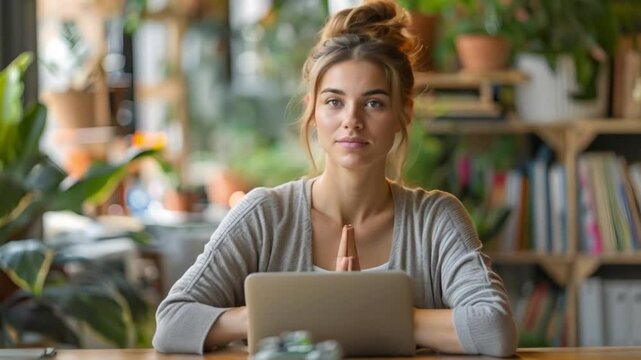 A young businesswoman practices yoga in her office while using technology. Concept Yoga in Office, Professional Wellness, Tech Integration, Work-Life Balance, Mindfulness at Work