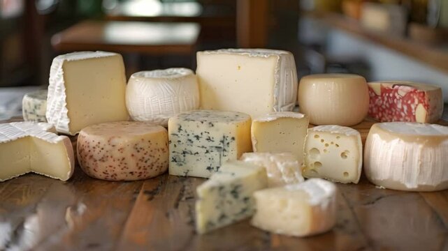 Assorted Cheeses on a Wooden Table: A Close-Up Display of International Specialties. Concept Cheese Tasting, Gourmet Pairings, Artisan Cheeses, Food Photography, Culinary Delights