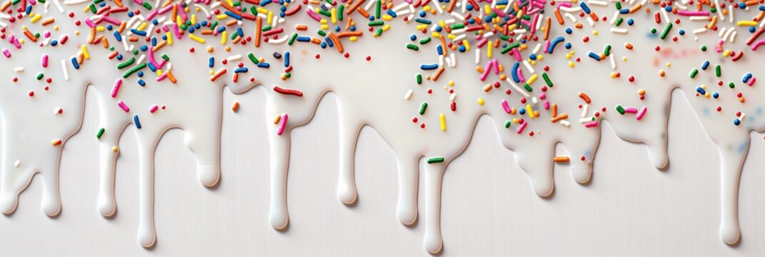 White icing sugar glaze with colorful rainbow sprinkles, leaking down banner