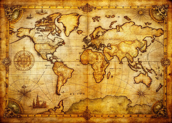 Obraz premium Yellowed parchment map with faded ink illustrations of ancient lands, worn creases, and subtle tears, framed by ornate golden borders and rusty cartographic tools.