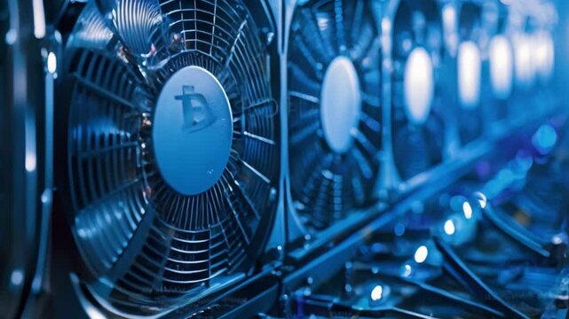 Cryptocurrency mining server using blockchain technology for digital money generation and networking. Concept Cryptocurrency Mining, Blockchain Technology, Digital Money Generation, Networking