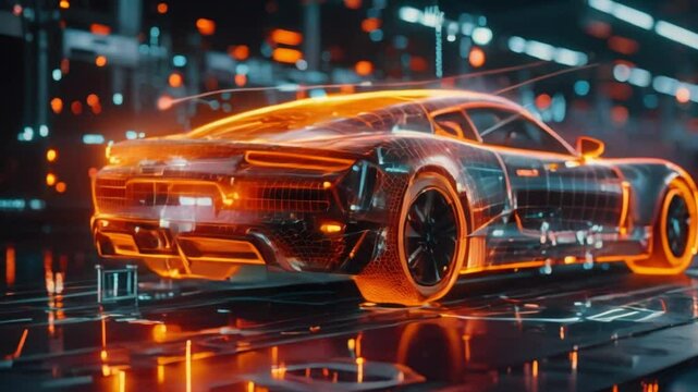 Futuristic HUDstyle hologram scanning and analyzing car data for development in 3D. Concept Technology, Hologram, Car Development, 3D Modeling, Futuristic Features