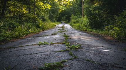 Fototapeta premium Forgotten asphalt path fading into the distance, marked by whispers of time.
