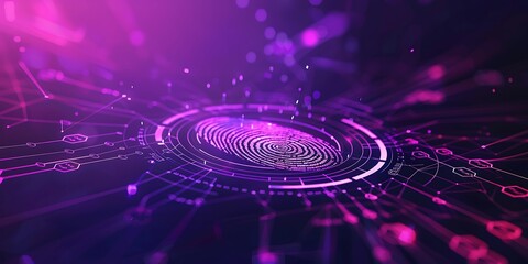 Cyber security concept with fingerprint scanning and safe symbol, intense purple highlights,