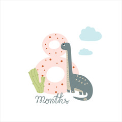 Eight months Baby milestone card for newborn with a cute dino