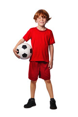  Portrait of young child soccer player with soccer ball standing on isolated png background. © Igor Link