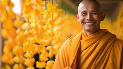 Buddhist monk adorning building with flowers for Vesak celebration. Concept Cultural Traditions, Religious Customs, Festive Decorations, Spiritual Beliefs, Vesak Celebration