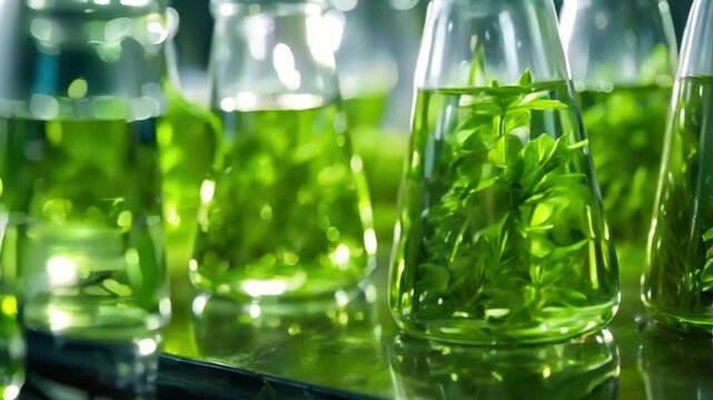 Bright green algae biofuel in laboratory flasks closeup backlit and in focus. Concept Algae Biofuel, Laboratory Flasks, Closeup Shot, Backlit, In Focus
