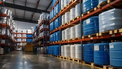 Chemical warehouse with pallet racks storing products industrial setting copy space. Concept Chemical Warehousing, Pallet Racks, Industrial Setting, Storage Products, Copy Space