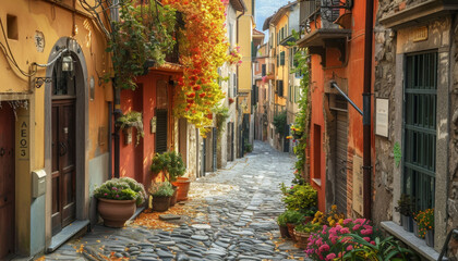 Obraz premium Charming Alley in European Town with Cobblestone Street and Colorful Fasades