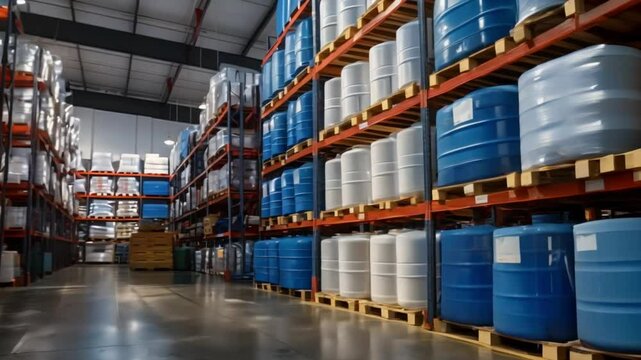 Chemical warehouse with pallet racks storing products industrial setting copy space. Concept Chemical Warehousing, Pallet Racks, Industrial Setting, Storage Products, Copy Space