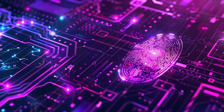 Cyber security overlay with fingerprint scanning and safe symbol, intense purple highlights,
