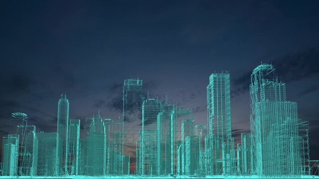 Futuristic landscape with animation of the construction of a halographic city against the backdrop of a time lapse of a beautiful sunset in a field