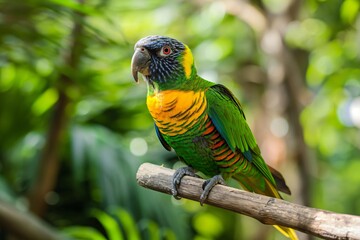 Obraz premium Colorful parrot perching on branch in lush tropical forest