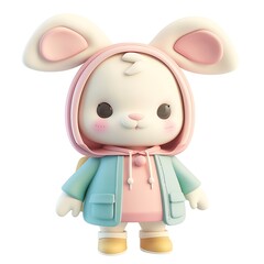 Adorable D cartoon rabbit in a pastel hoodie and shoes