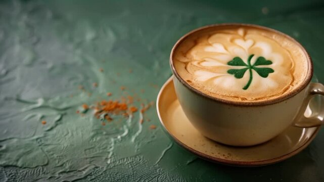 St Patrick's Day Cappuccino Cup with Shamrock Latte Art on Dark Green Background. Concept St, Patrick's Day, Cappuccino Cup, Shamrock Latte Art, Dark Green Background