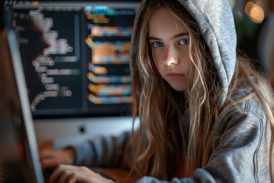 A Hacker's Gaze: A Young Woman Focused on Code in a Dimly Lit Workspace