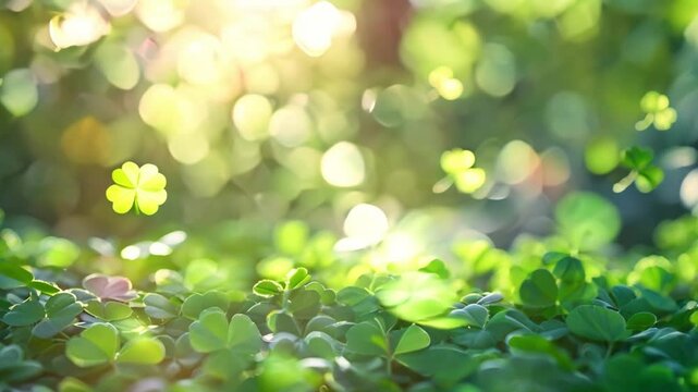 St Patricks Day background with flying clover leaves and greetings. Concept St Patricks Day, Clover Leaves, Greetings, Festive Background