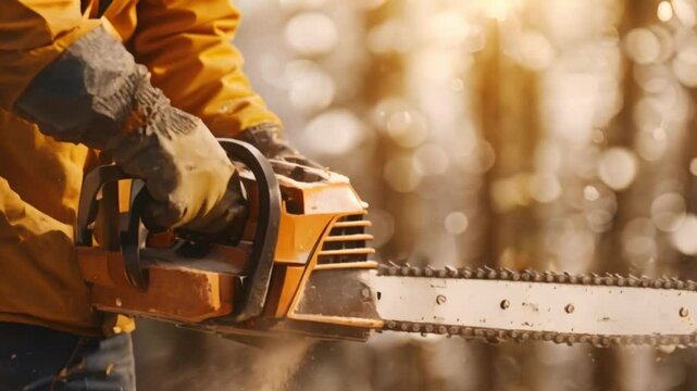 Using a Portable Gasoline Chainsaw for Tree Cutting in Construction. Concept Chainsaw Safety, Tree Cutting Procedures, Portable Equipment Use, Construction Site Precautions
