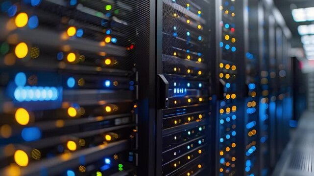 Server Racks in a Modern Data Center for Telecommunications and Cloud Computing Operations. Concept Data Centers, Telecommunications, Cloud Computing, Server Racks, Modern Technology