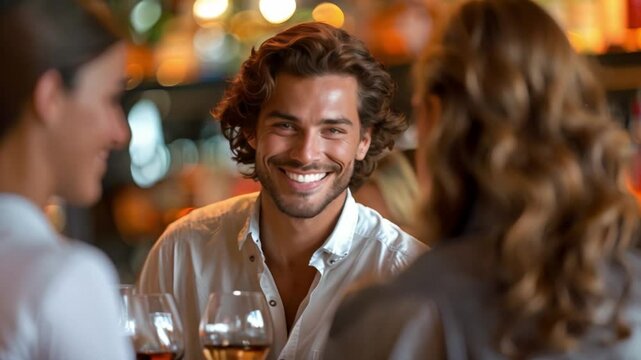 Chic man with a friendly smile catering to guests at a high-end bar. Concept Catering Services, Bartending, High-end Bar, Chic Style, Friendly Hospitality