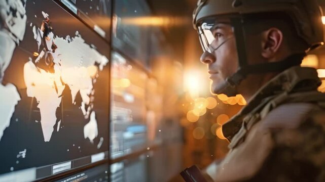 Soldier in tactical gear monitors screens in command center for strategic operations. Concept Military Operations, Tactical Equipment, Surveillance Screens, Command Center, Strategic Monitoring