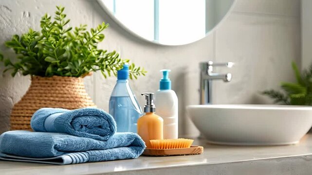 Sparkling Bathrooms: House Cleaning Kit Creates Fresh, Sanitized Spaces. Concept Bathroom Cleaning, Home Sanitization, Fresh Scent, Clean Surfaces, Household Organization