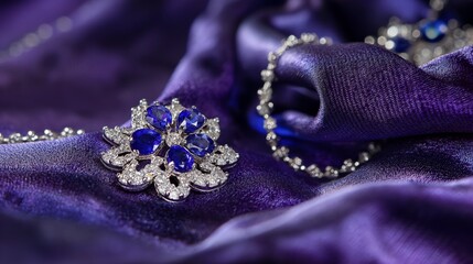 Fototapeta premium Sapphire Brooch on Purple Velvet Fabric