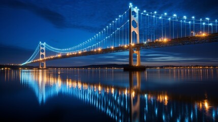 Naklejka premium Smart city lights at night, bridge over river with technology, connectivity, telecommunications