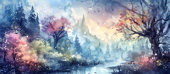 Misty mountain forest in watercolor with a tranquil river