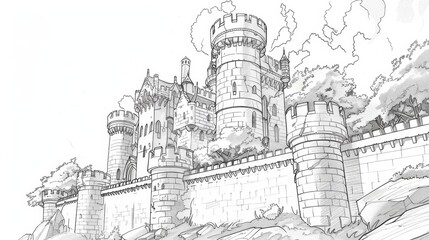 Enchanted Castle Sketch Amidst Mountainous Landscape