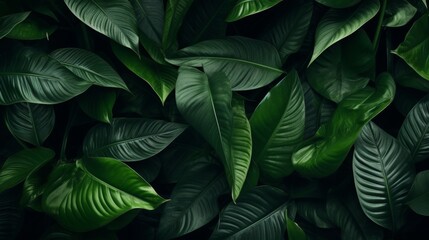 Fototapeta premium Dense cluster of dark green tropical leaves. Nature photography.