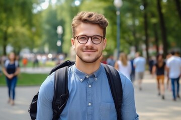 Fototapeta premium Smiling Young Man in Autumn Park Wearing Glasses and Jacket